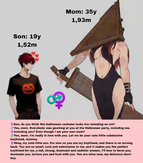 A short guy and his tall sexy mom after the Halloween party [Halloween] [incest] [MILF] [mother] [tall woman] 