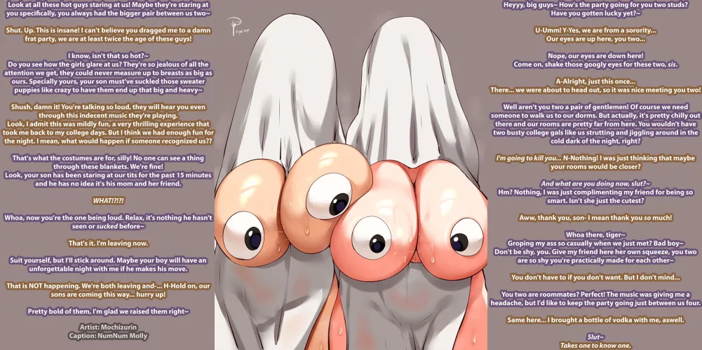 Halloween Partying With Mommies [MILFS][Halloween Party][Exhibitionism][Implied Incest][College Frat][Ghost Costumes][Googly Eyes][Artist: Mochizurin]