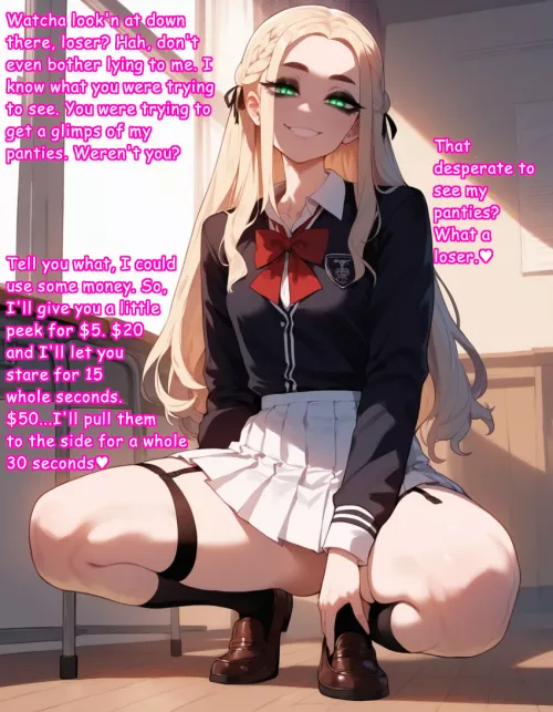 She caught you peeking, but she could use some cash (pricey)[female][suggestive][covering self]