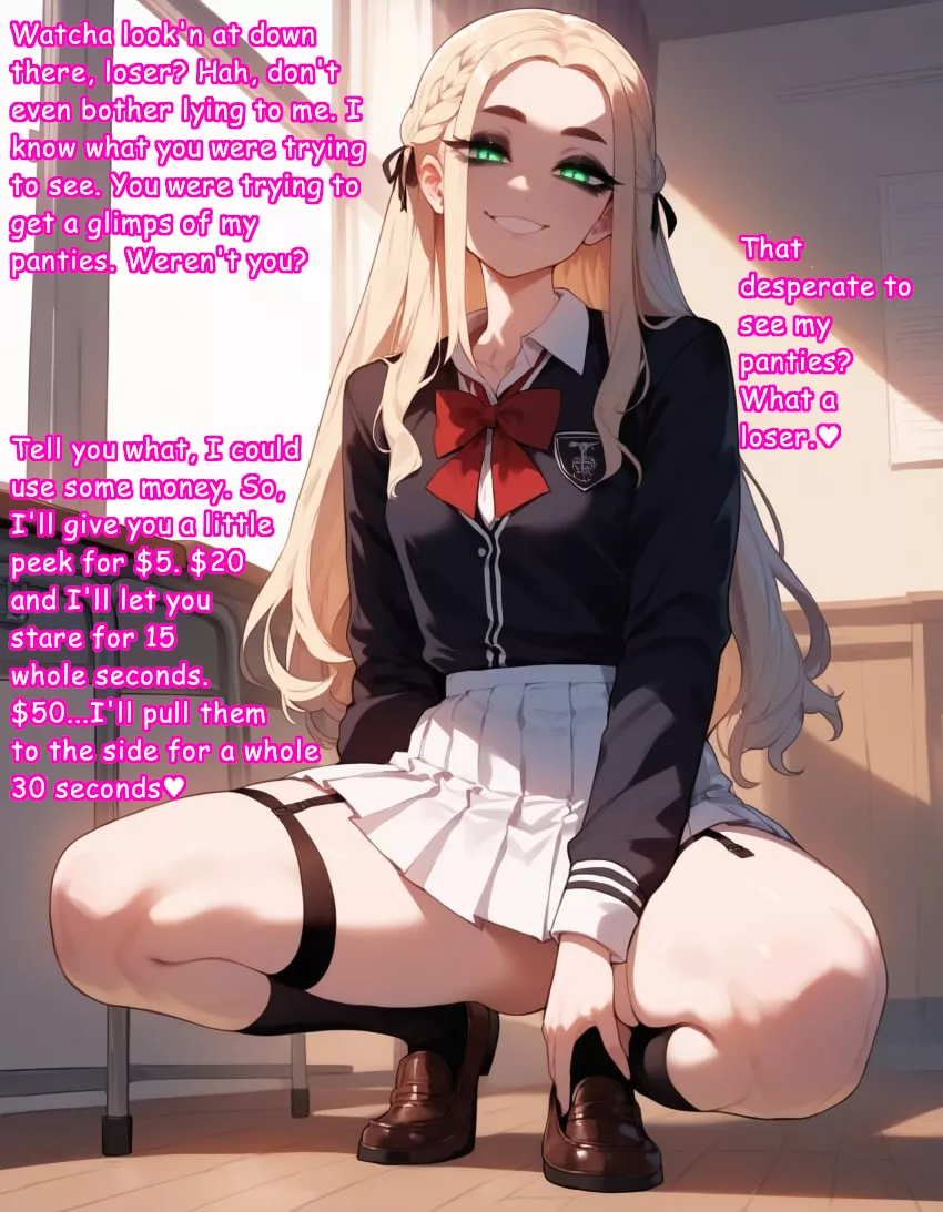 She caught you peeking, but she could use some cash (pricey)[female][suggestive][covering self]