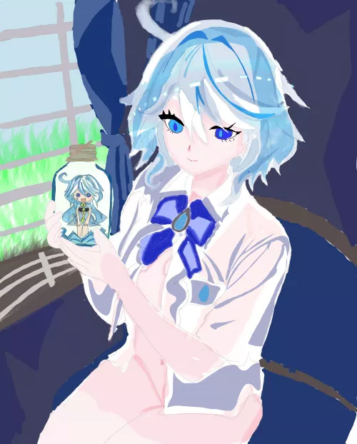 Furina holding a jar with Focalors inside