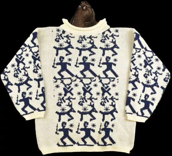 First sweater completed! Human for my partner! (He's very excited about the fit, he's just being silly for the camera)