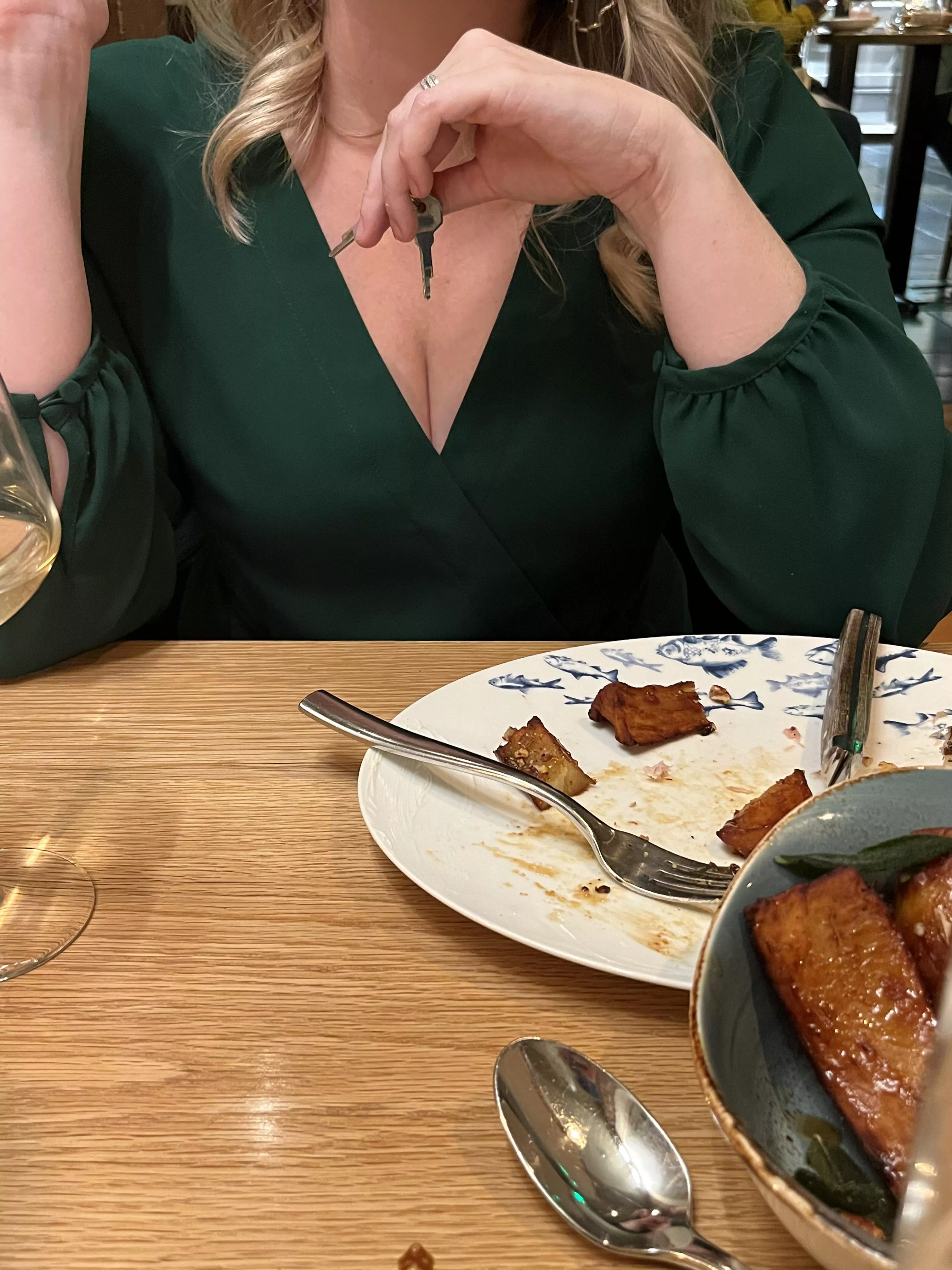 Out at a nice dinner, she teases me