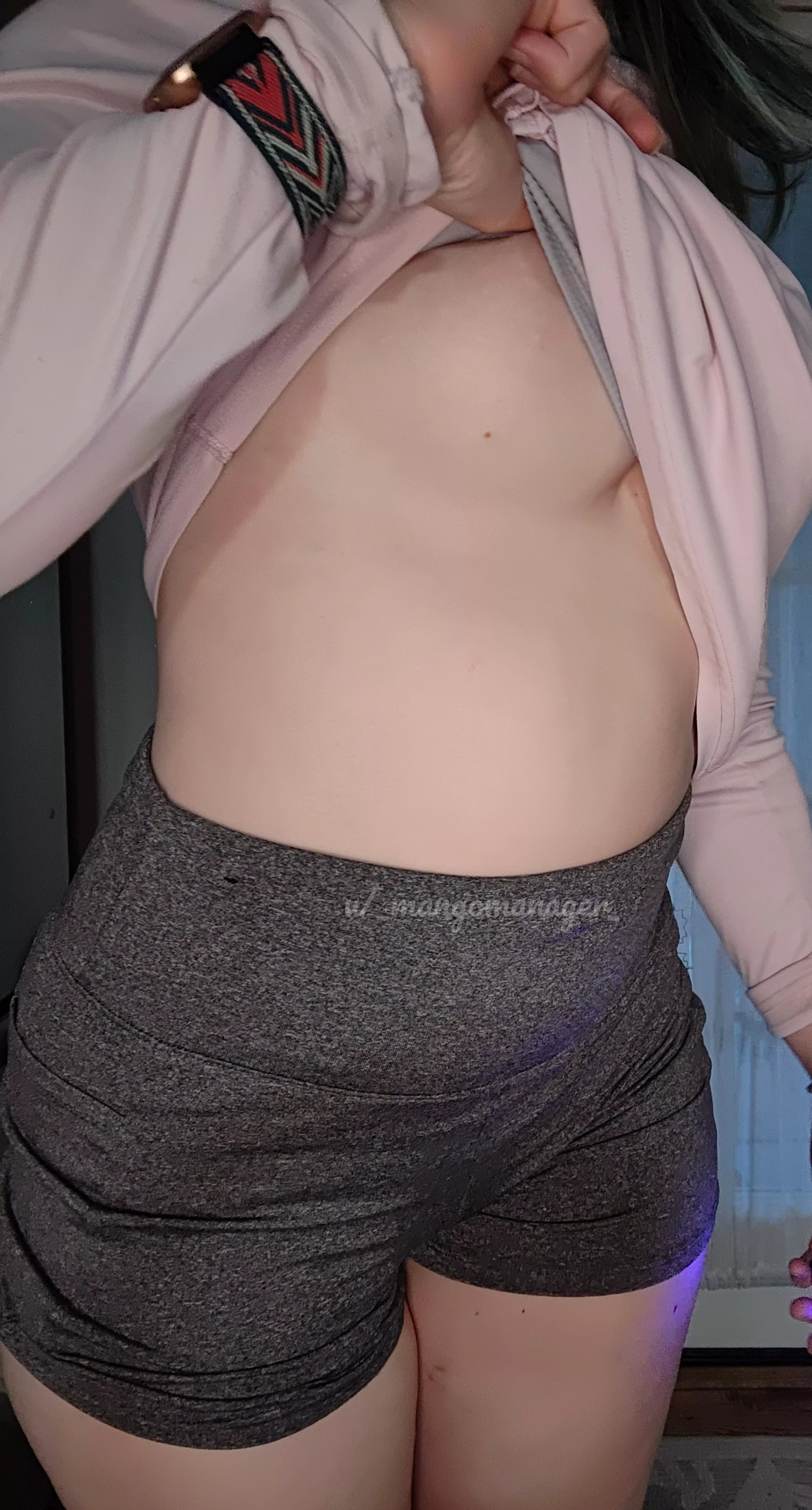 Tight little gym shorts and pulled up shirt for you