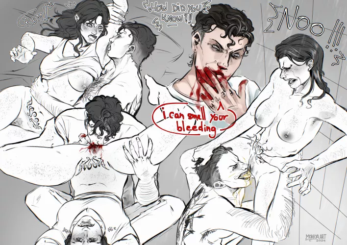(dubcon) Remus being a disgusting pig sketchpage. cw// pee, period blood