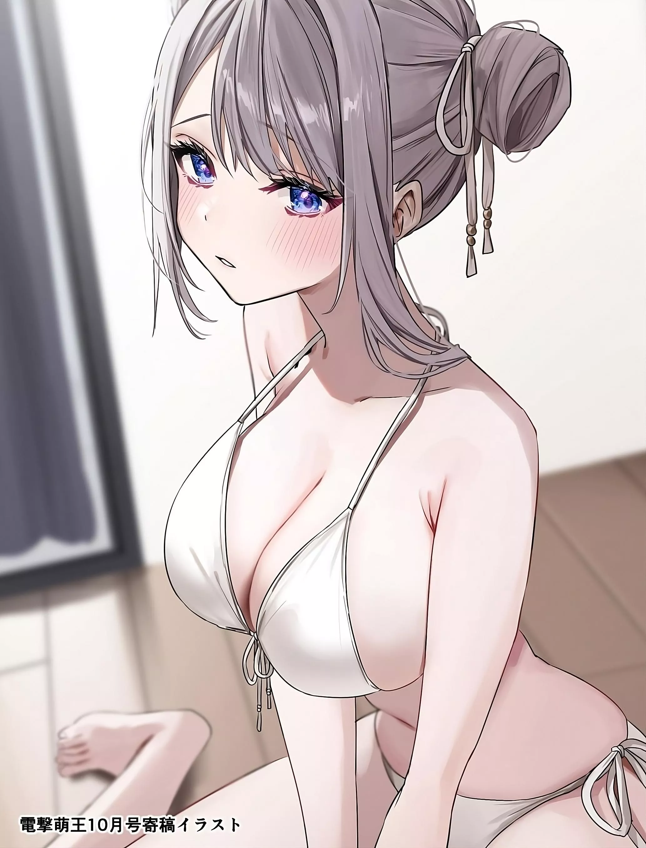 Wear8ng a white swimsuit indoors 