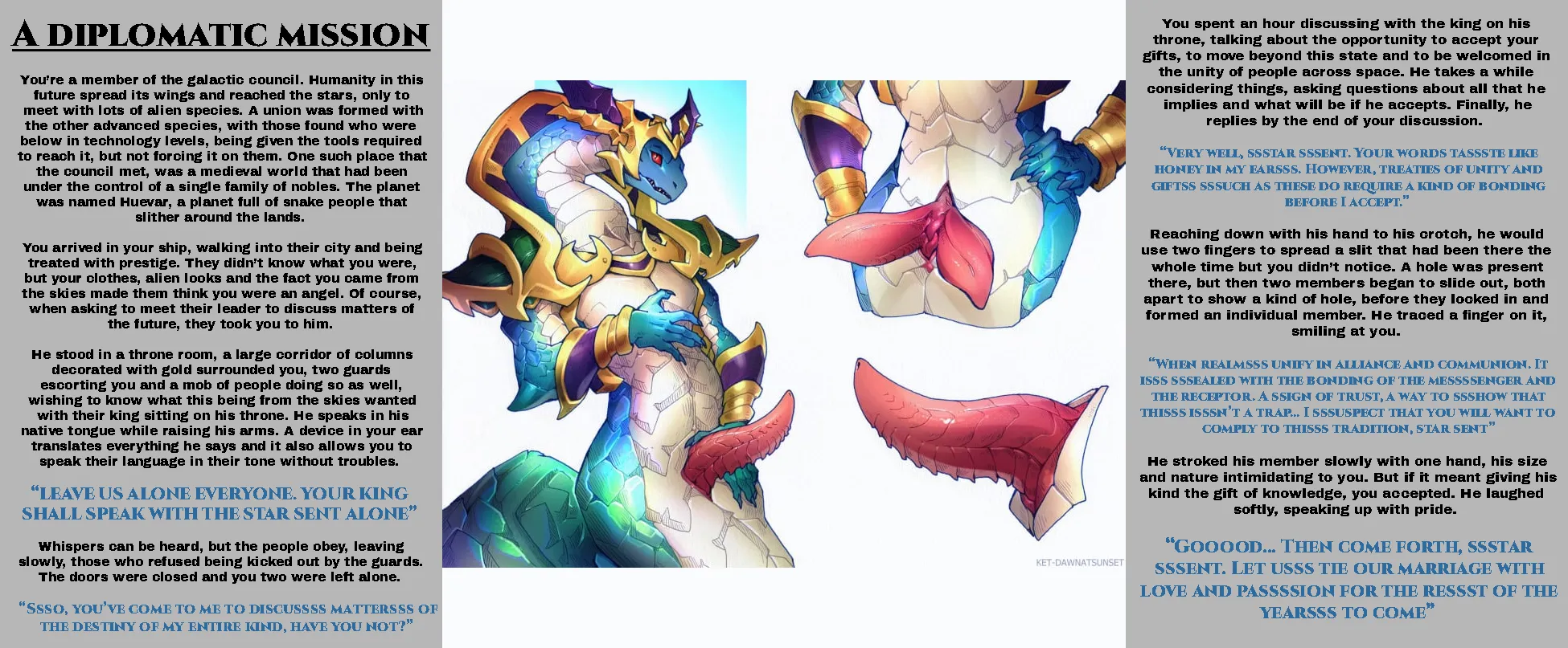 In a distant future, you go to a planet still in feudal ages in a diplomatic mission. [Male] [Gender neutral] [Inminent sex] [Sssnake] Artist [ket-dawnatsunset]