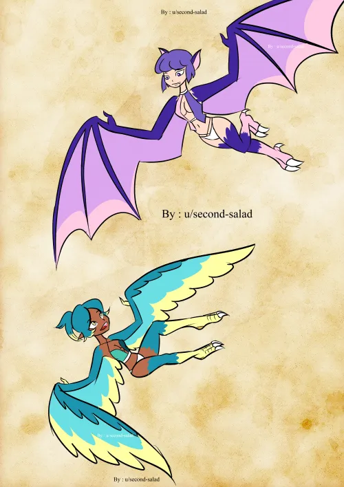 Bat harpy and her parrot harpy friend by : u/second-salad.