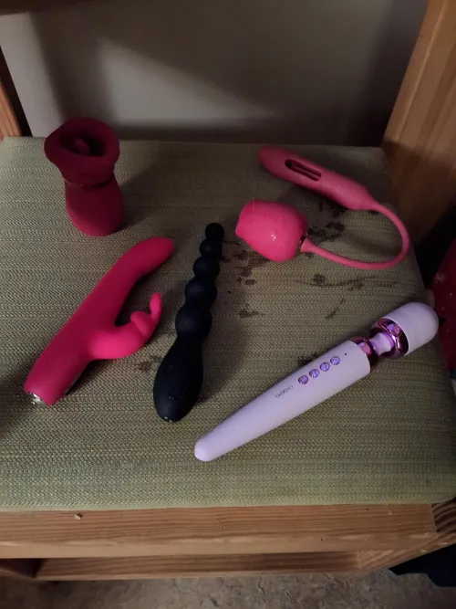 My current sex toy collection (just finished washing one of them)