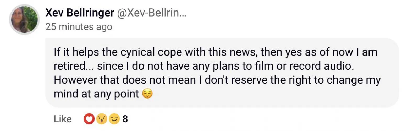 Xev Bellringer has officially retired (11/26/2024) Loyalfans post 