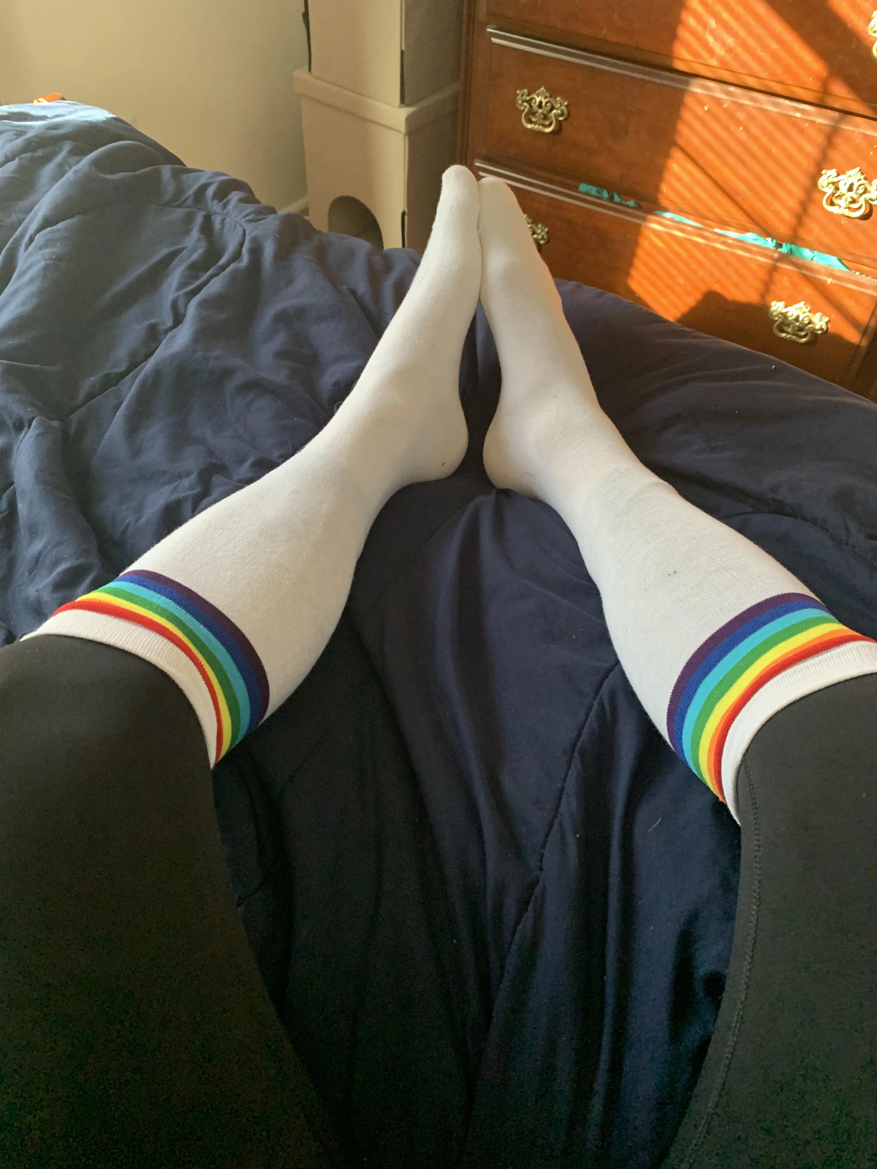 Aren’t my rainbow socks so cute over my leggings?