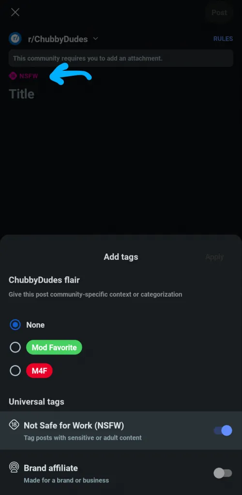 Android app users: Tap NSFW to select post flairs