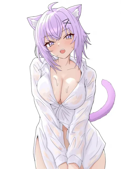 Sweaty nekogirl in see-through shirt