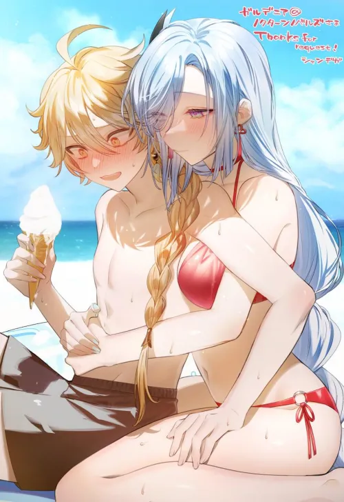 Shenhe and Aether in a Date on Beach 