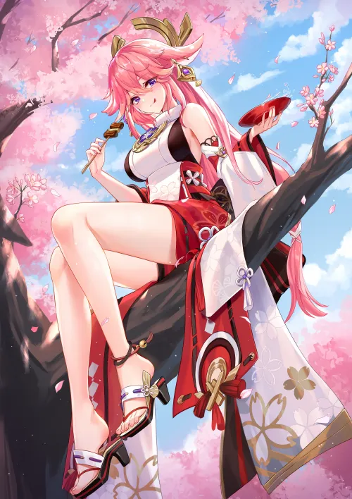 Yae Miko sitting on a tree [Genshin Impact]