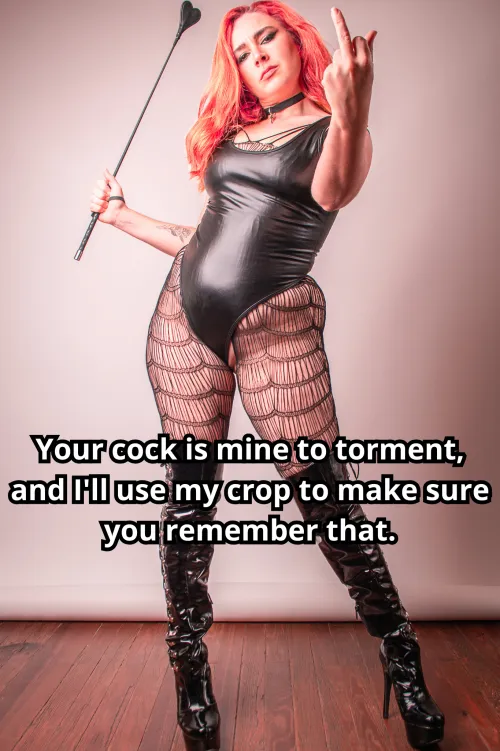 Your balls are mine to squeeze, and my crop will make sure you don't forget it. [NO IMAGEFAP]
