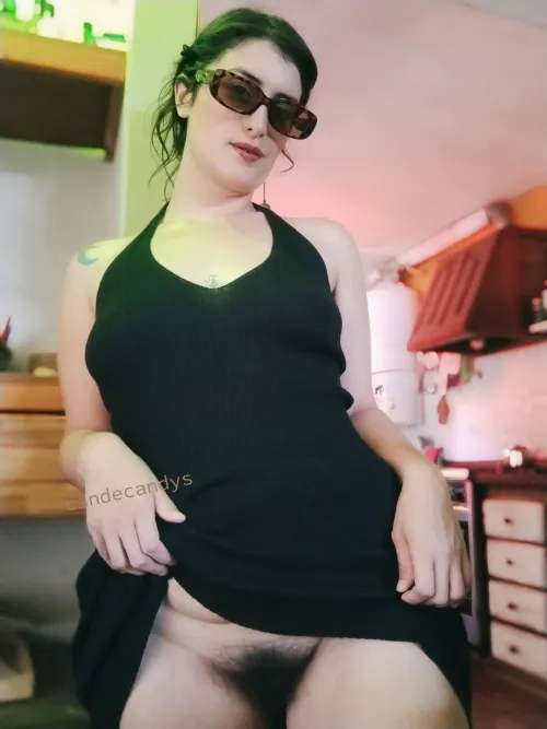 My thick bush perfectly matching this black dress