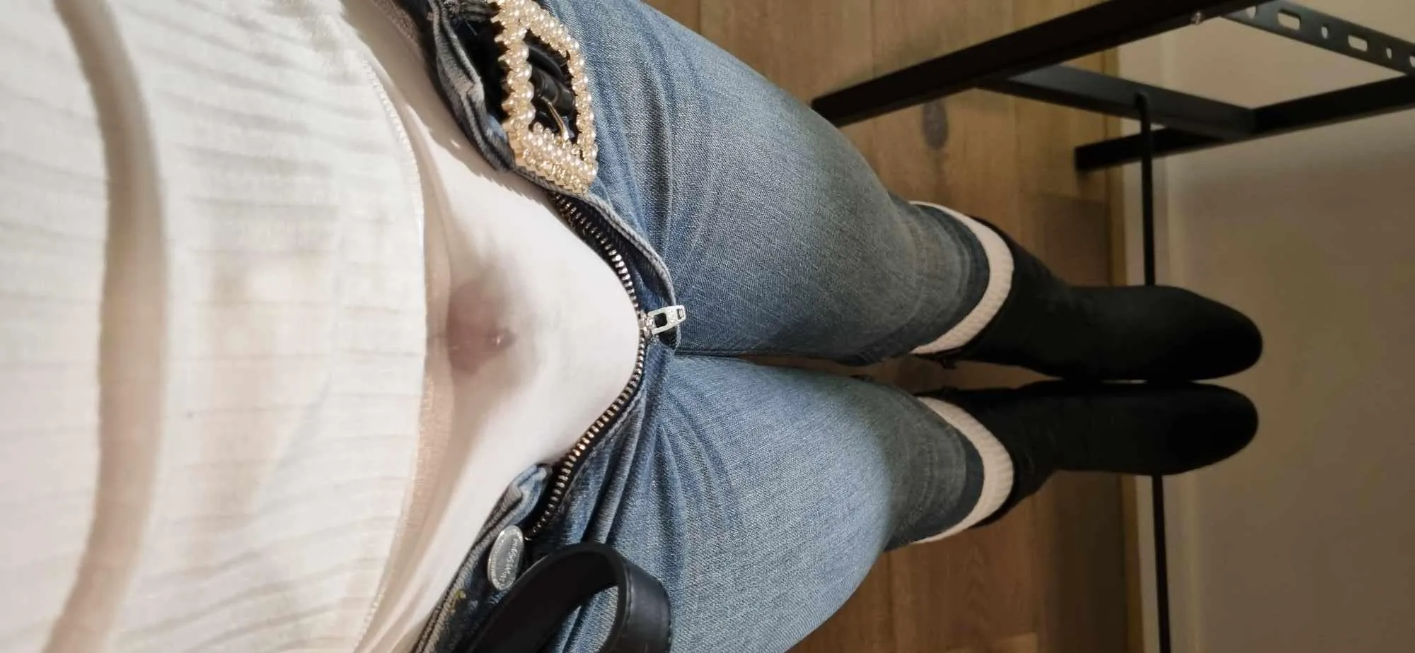 Love the classical white panties and blue jeans!