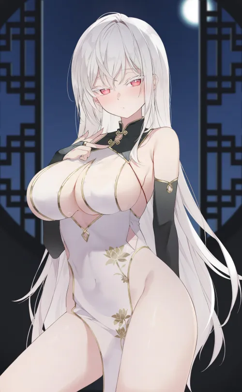 White haired beauty wearing a white qipao [Artist's OC]