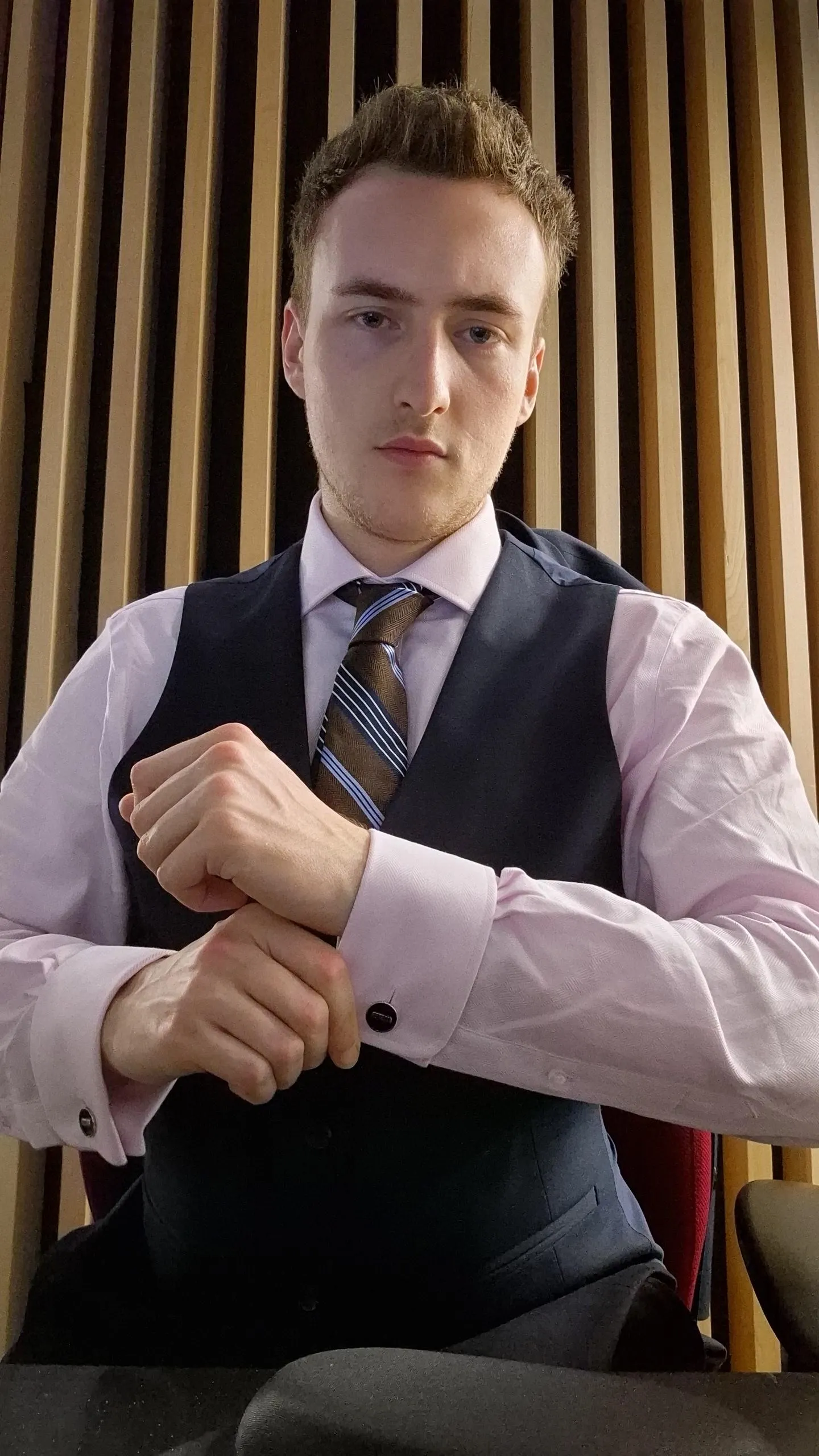 New suit and cufflinks - deep navy blue against the pink shirt