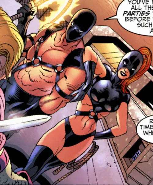 Whiplash (the female) and Blacklash (the male), the S&M supervillain couple [Thunderbolts (1997), #104]