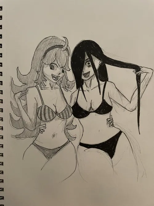 Sadako and Hex Maniac in bikinis sketch 