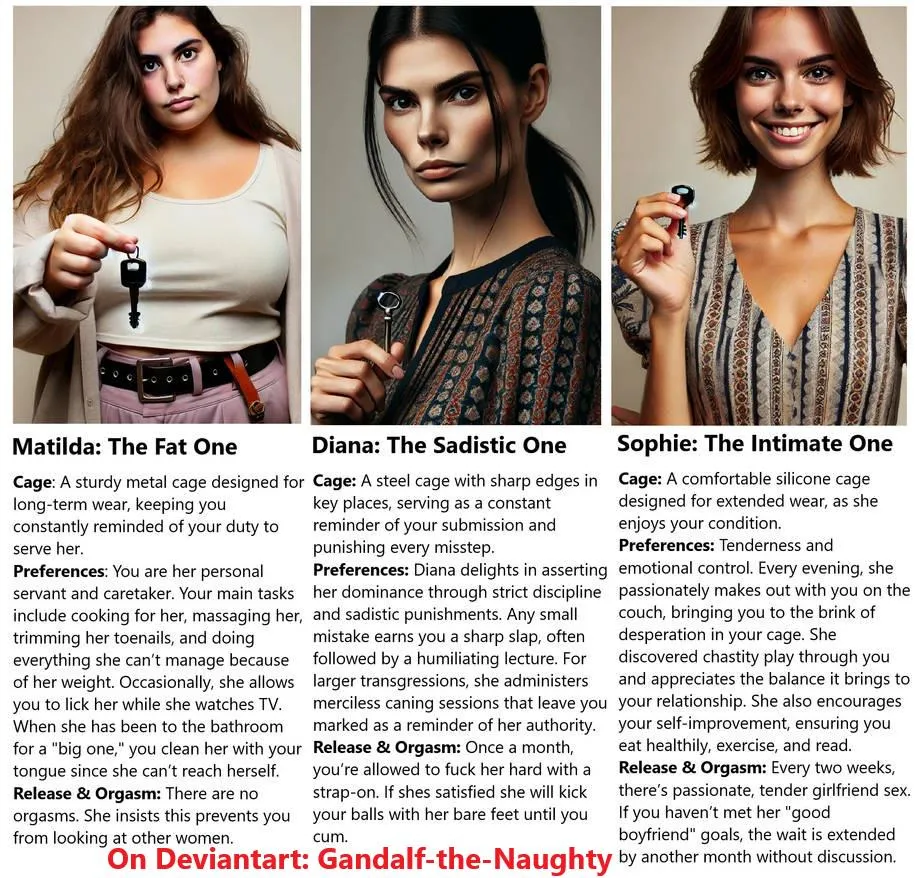 Choose your Chastity Girlfriend wisely: (Gandalf-the-Naughty on Deviantart) Matilda/Diana/Sophie?