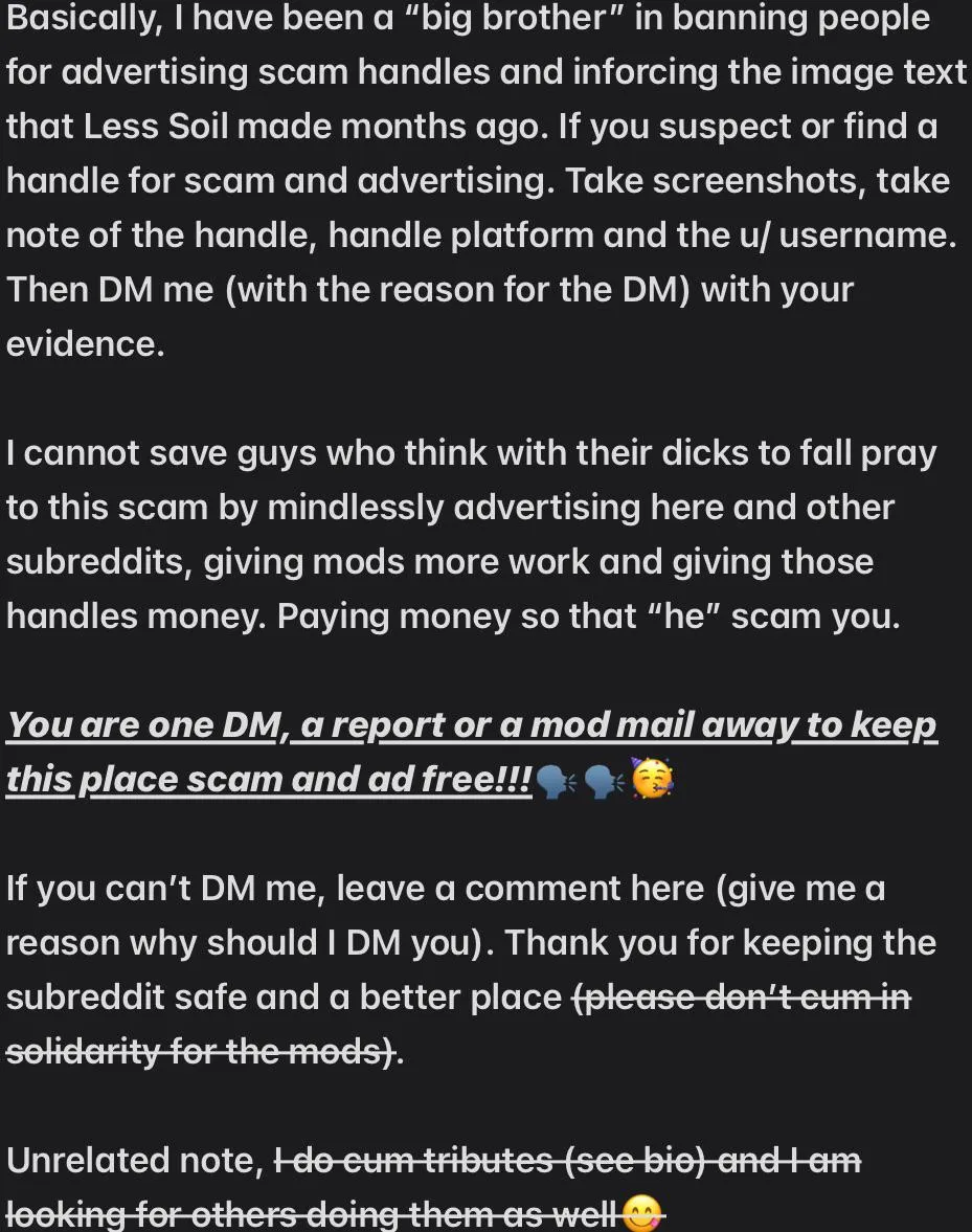 DM me if you suspect someone is advertising a scam (Image text)