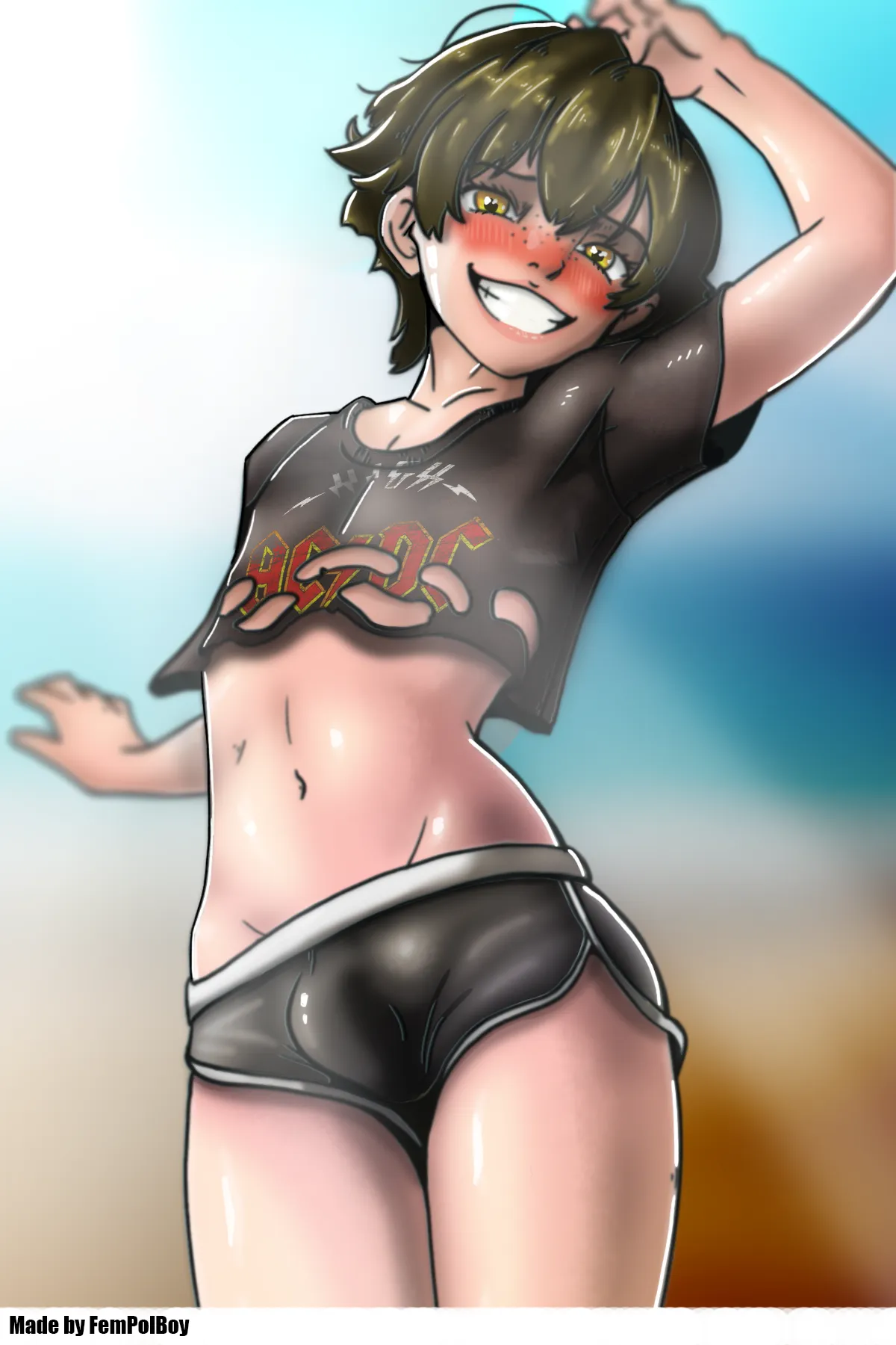 Cute little femboy on a beach UwU