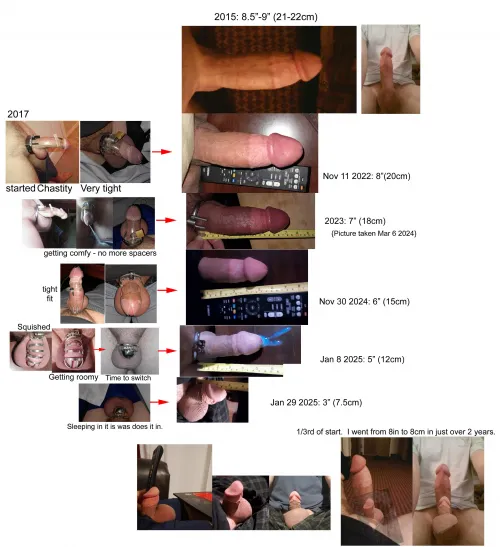 8in down to 8cm. At first without noticing it went down ~1inch a year, but after Locktober 2024, and smaller cages, went an inch/month.