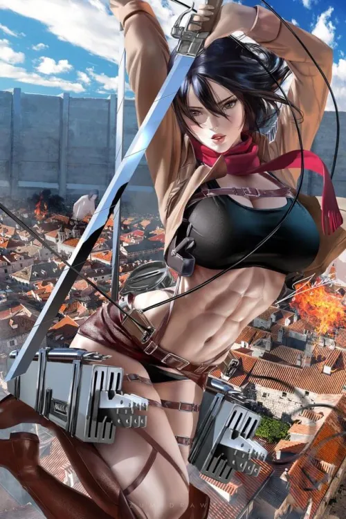 [f4a] does someone want to help Mikasa test out the new uniforms this uniform being the normal jackets but being black bra and panties. The panties having the scouts logo on them
