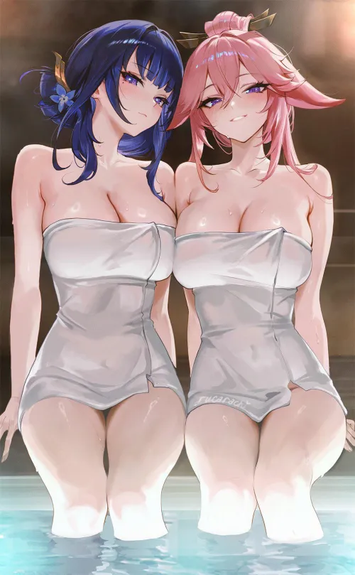 Ei & Miko in onsen [Genshin Impact]