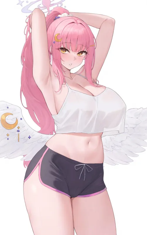 Mika in dolphin shorts tying her hair up (Kuavera) [Blue Archive]