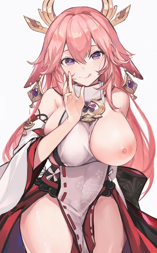 Yae with one tit out