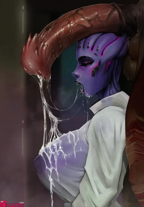 Asari takes care of a giant alien cock (Art by nyuunzi)