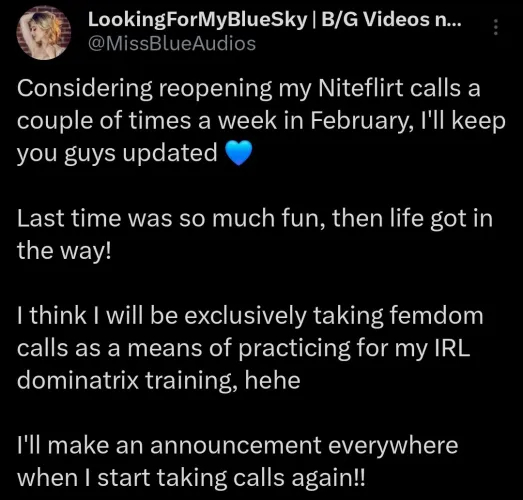 For those asking when I'll be taking calls on Niteflirt again, I'll be taking exclusively femdom calls in February a couple of days a week (exact days TBA soon)