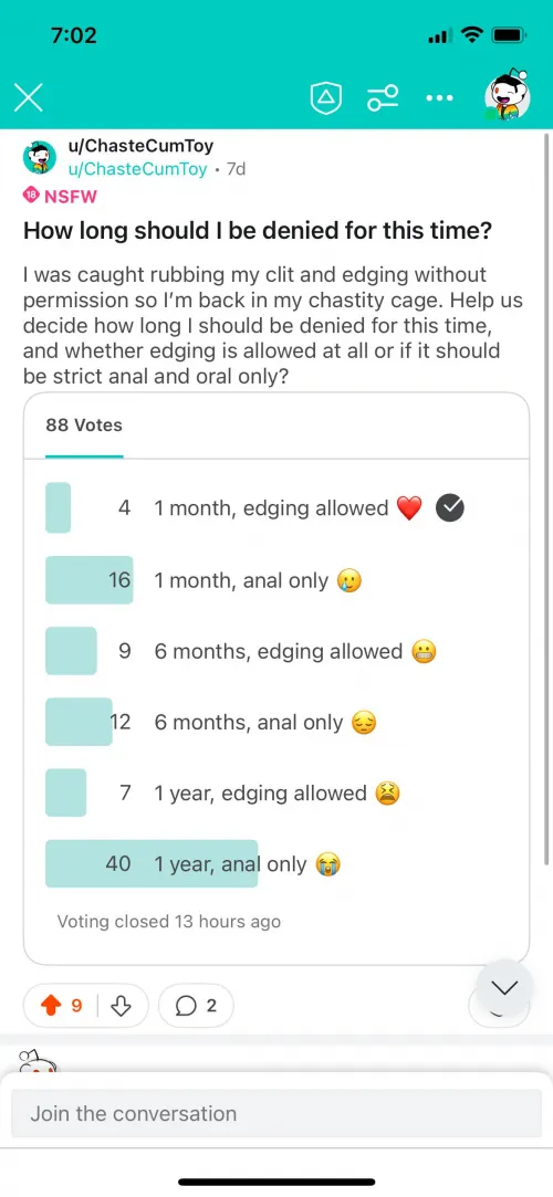 I made a poll to let Reddit decide the appropriate punishment for being caught edging without permission