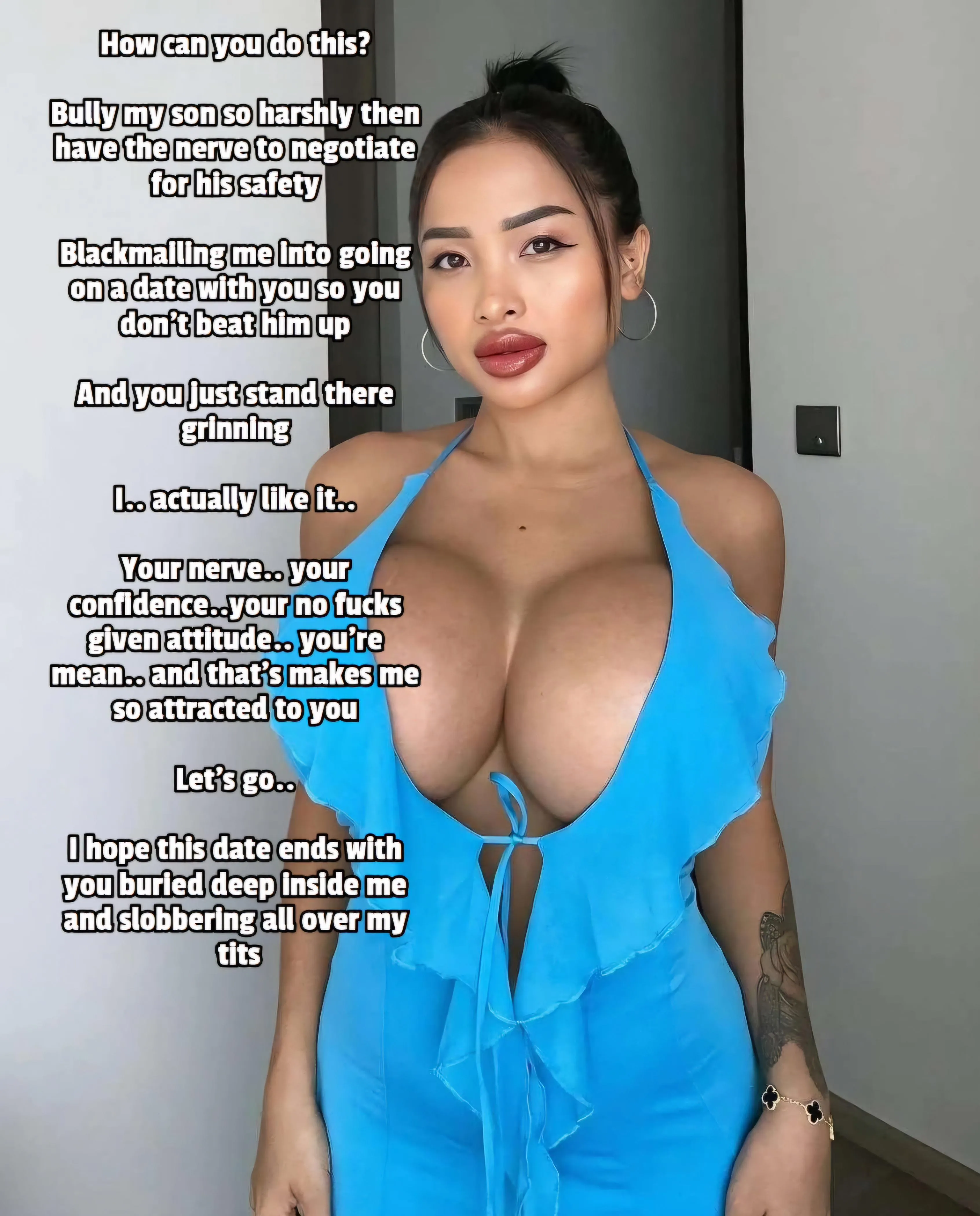 You bully her son and blackmail her.. yet she loves it (captionsforever on imagefap)