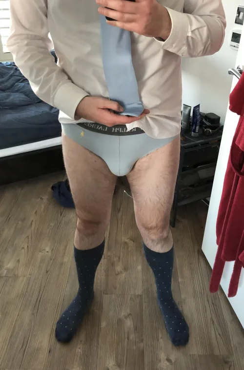 I have polka-dot briefs that match these OTC socks, but I think that’s too much polka-dot, maybe? So I went for these pale blue RL briefs instead. They almost match my tie.