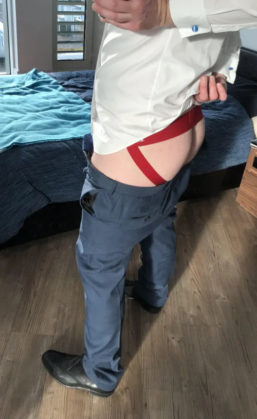 It’s a cloudy and grey Wednesday here. I’m doing what I can to brighten things up with a red jock under my suit.