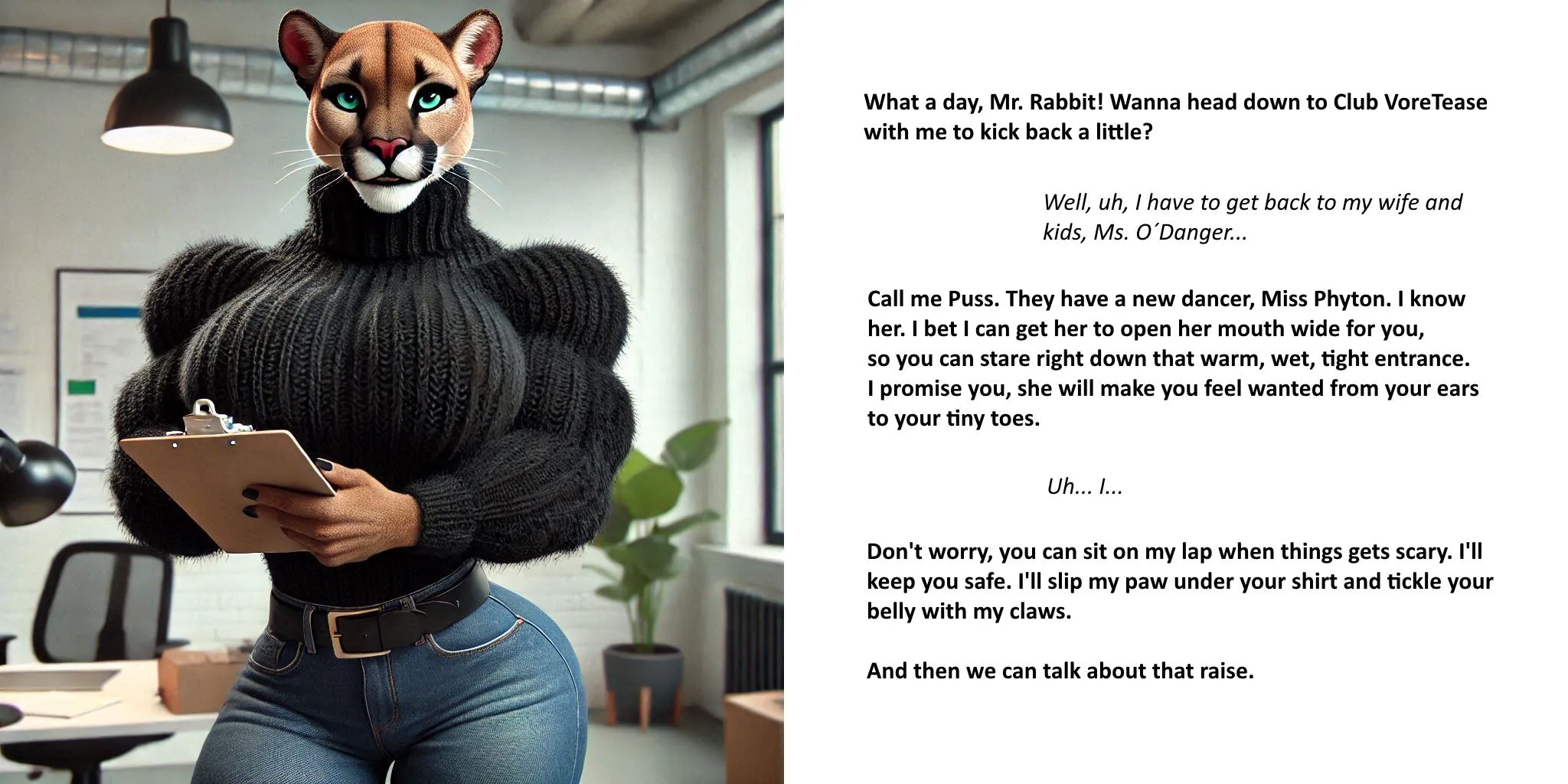 Going Out After Work [AI generated] [Puma lady] [Implied vore] [office seduction] [turtleneck sweater] [fit and muscular]