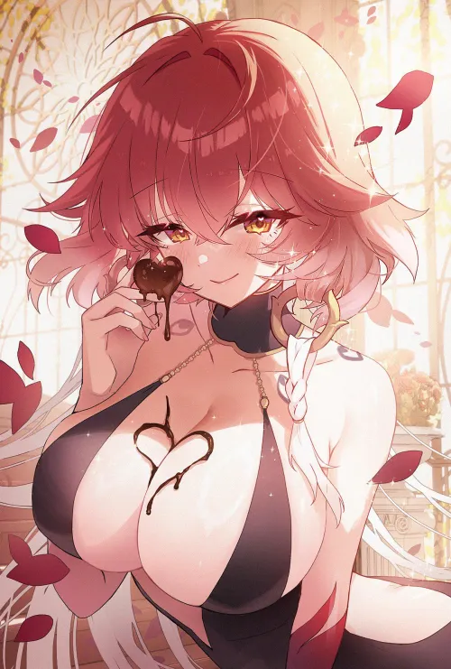 Chocolate dripping onto Changli's boobs [Wuthering Waves]