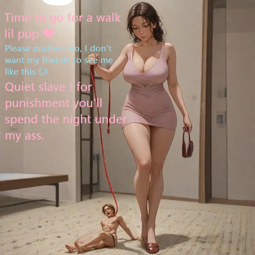 Describe your favorite femdom fetish scene in a comment & I'll try to cook, keep it simple I'll pick a few requests. [Male Slave/pet] [Size Difference/Giantess] [AI Art]