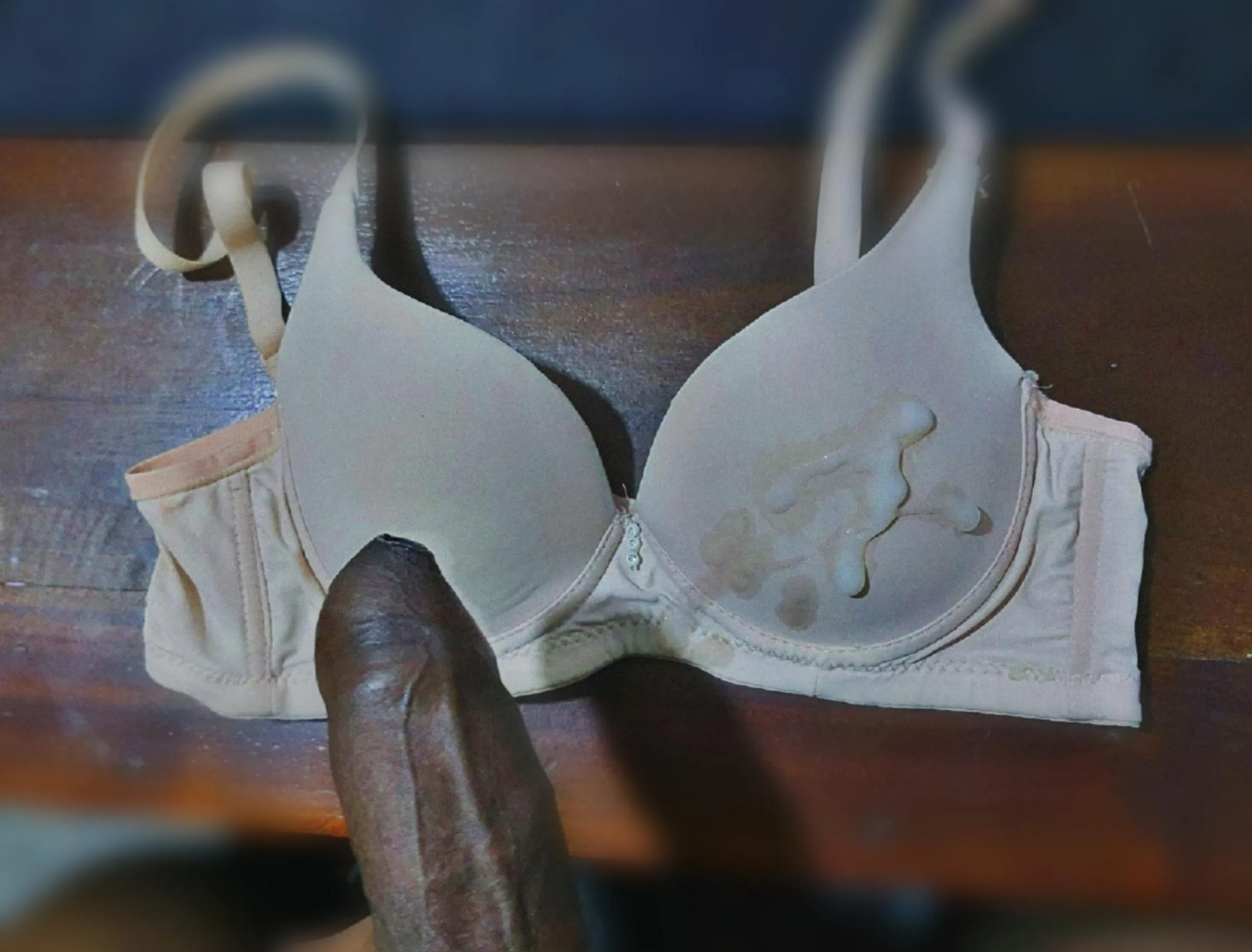 My first time on gf's used bra. She said she'll give me all the bras she throws away for me to cum on!