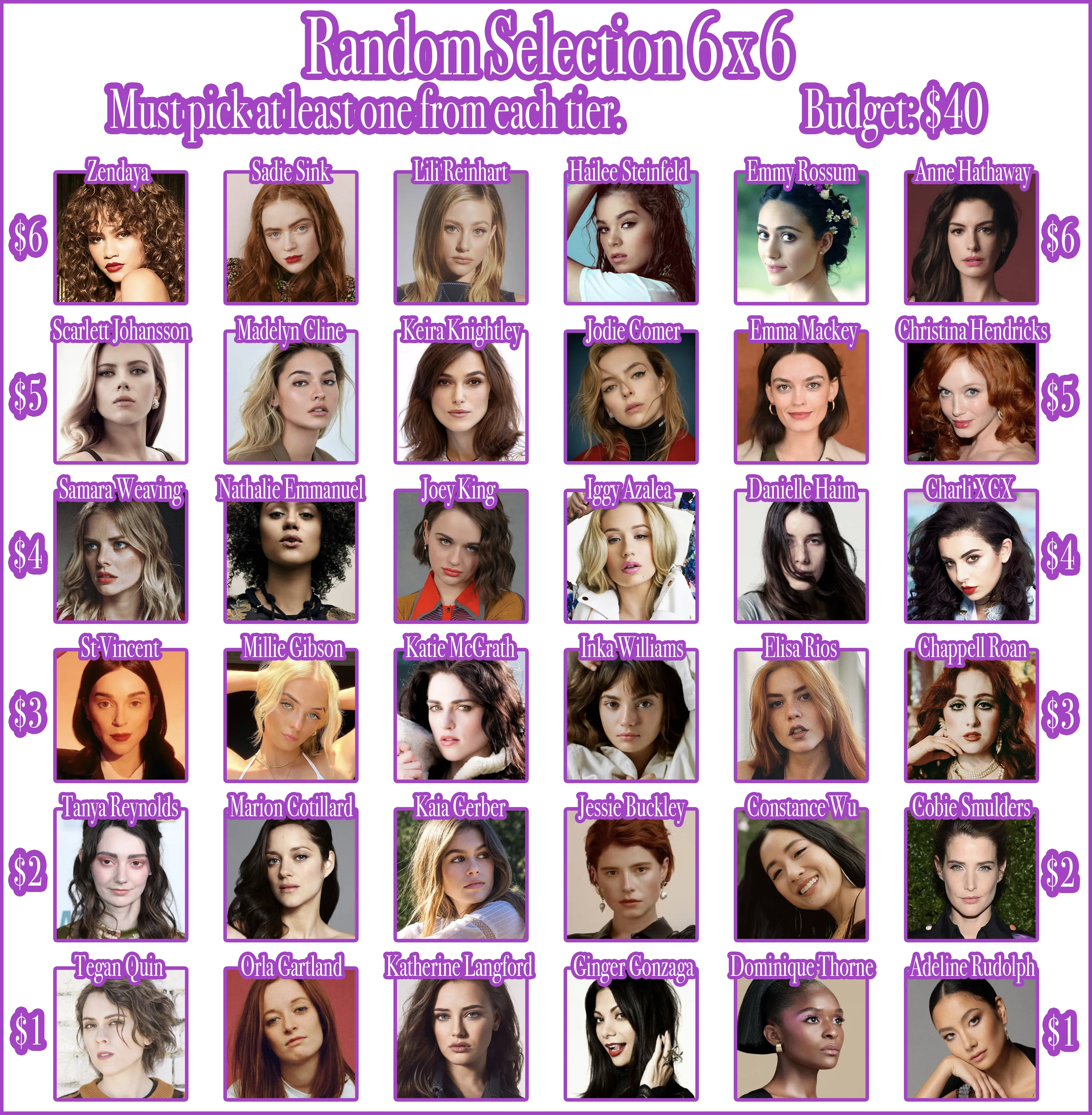 Random Selection 6 x 6: Budget: $40