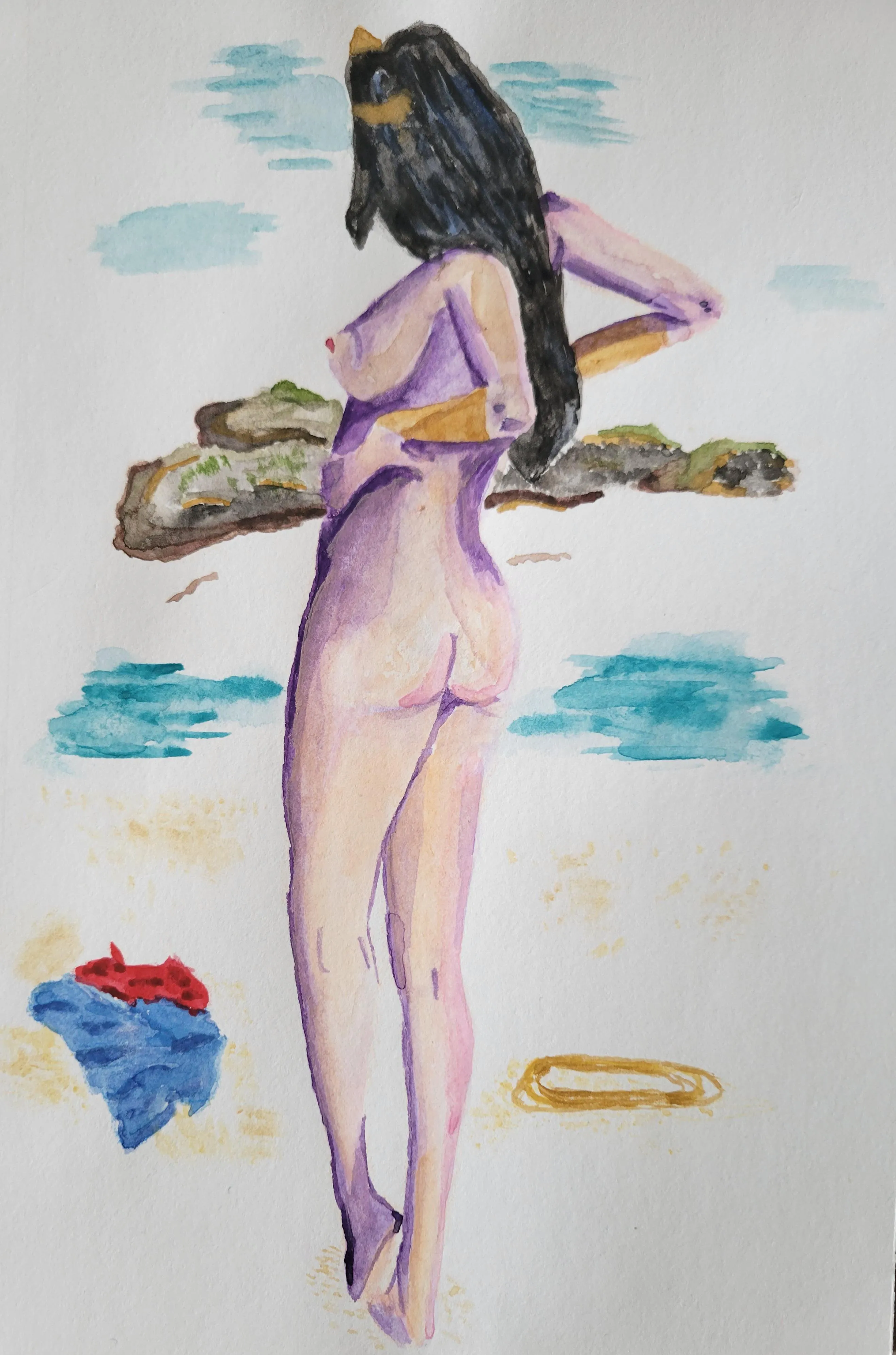 Wonder Woman at the Beach, Watercolor (commission)