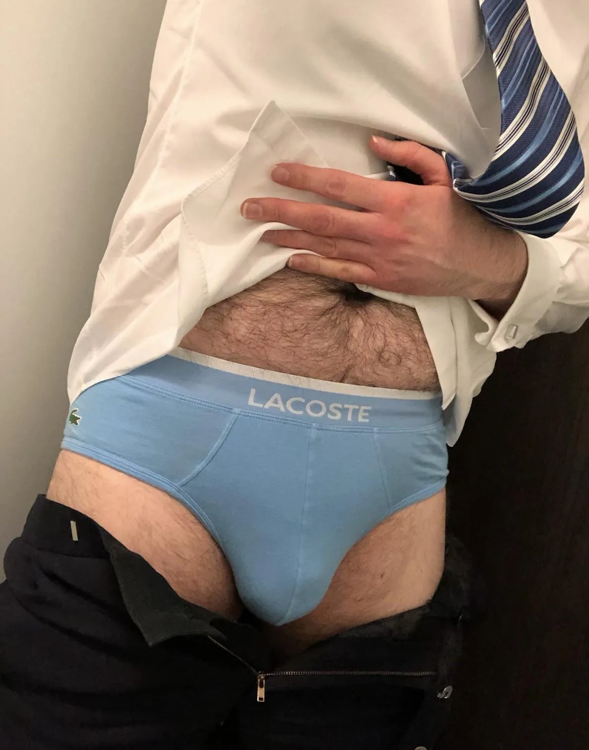 Blue briefs to match my blue tie. Underwear by Lacoste, tie by Zegna.