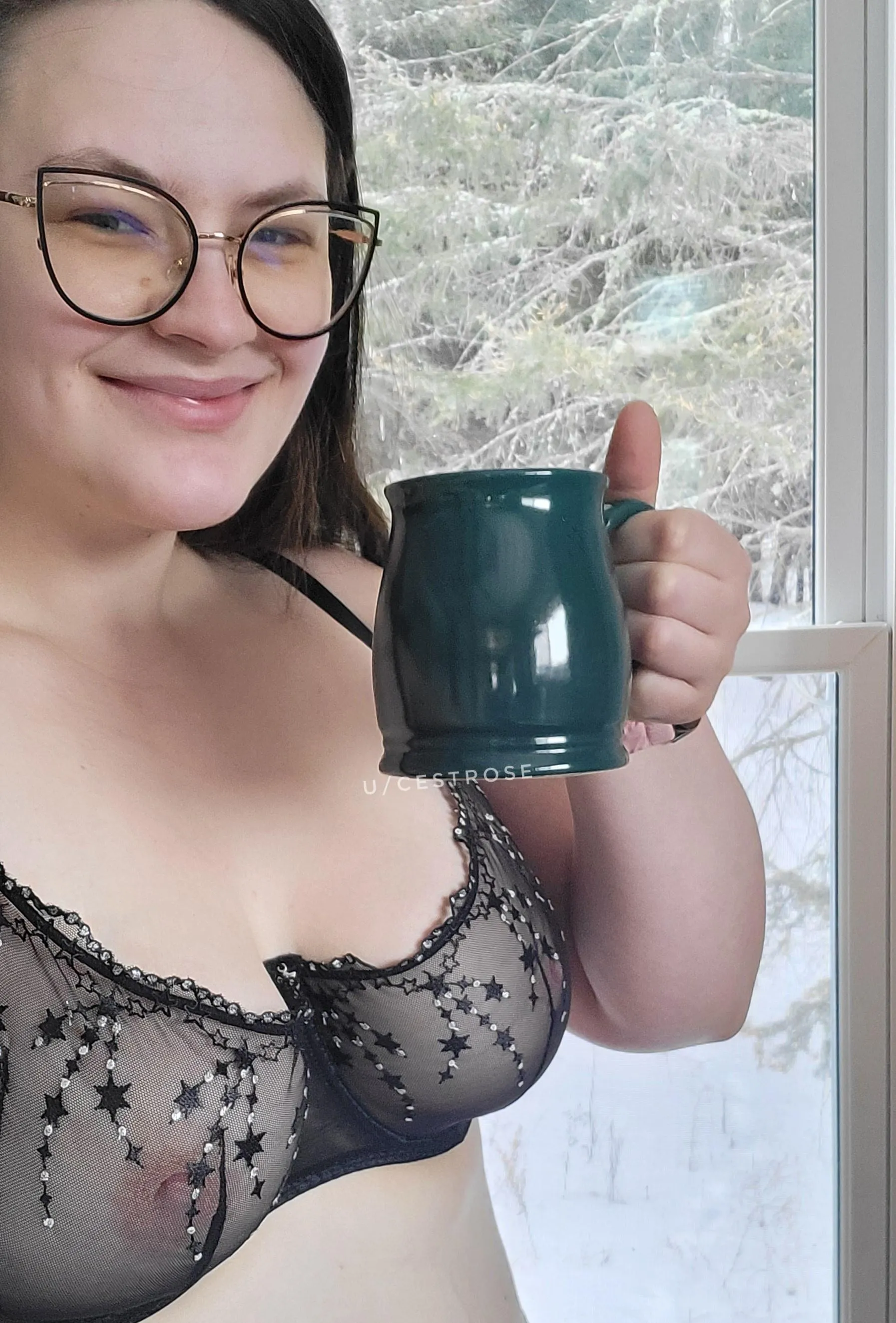 Happy about the coffee and showing you my cute bra
