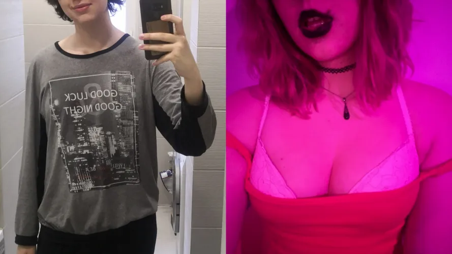 Month after starting transition / Month after starting bimbofication. How big should I make my tits?