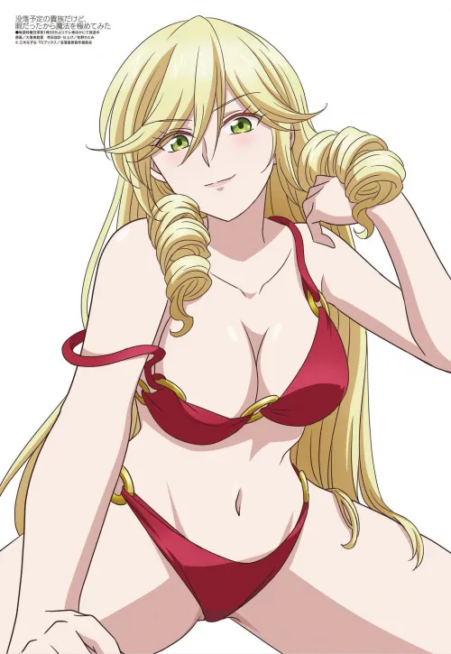 Sexy looking blonde lady wearing a red bikini [I'm a Noble on the Brink of Ruin, So I Might as Well Try Mastering Magic/megami magazine]